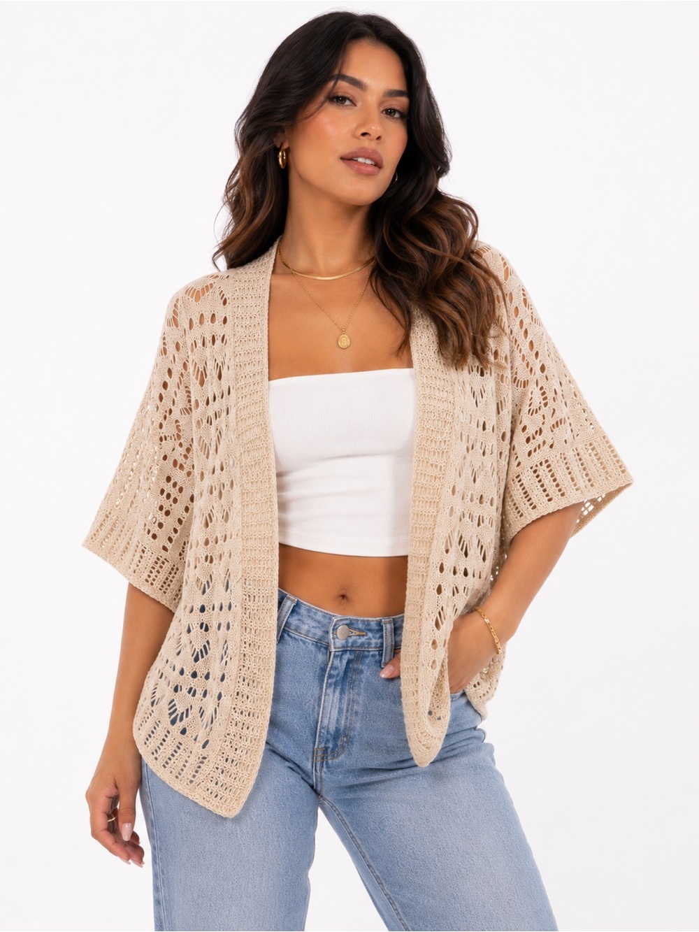 Boho Crochet Open Knit Kimono Cardigan Beige Short Sleeve World Unity Sz XL